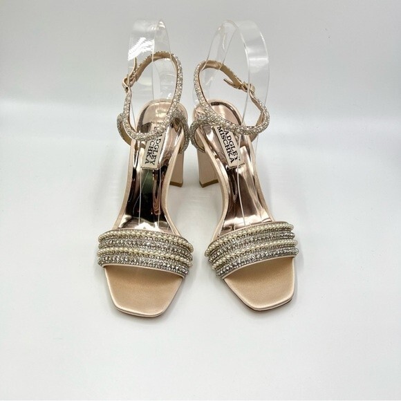 Badgley Mischka Size 5 Kari Soft Nude‎ Satin Jeweled Block Open Toe Heels Shoes - Picture 3 of 13